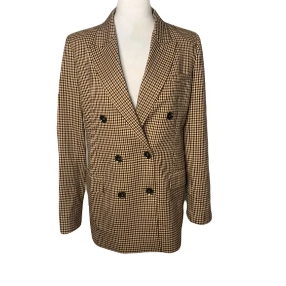 Zara Women’s Small Brown Houndstooth Checkered Double Breasted Blazer Old Money - Picture 1 of 9